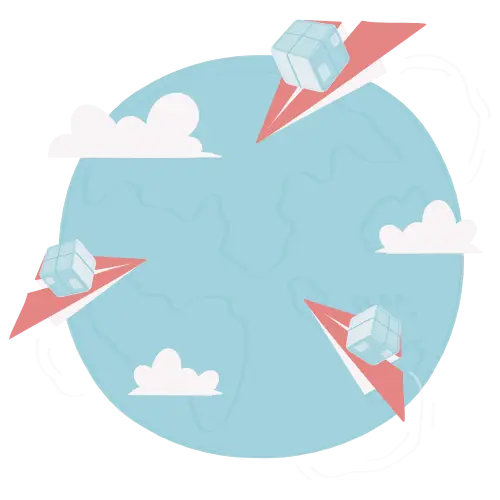 A globe illustration with paper airplanes carrying packages, symbolizing global delivery services, with clouds in the background.